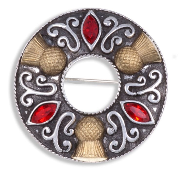 Image 1 of Thistle Flower Antiqued Ring Red Glass Stone Stylish Pewter Brooch