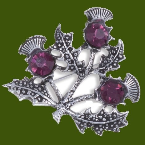 Image 0 of Triple Flower Antiqued Dark Purple Glass Stone Thistle Stylish Pewter Brooch