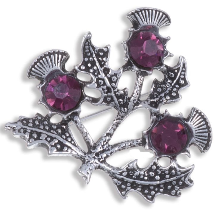 Image 1 of Triple Flower Antiqued Dark Purple Glass Stone Thistle Stylish Pewter Brooch