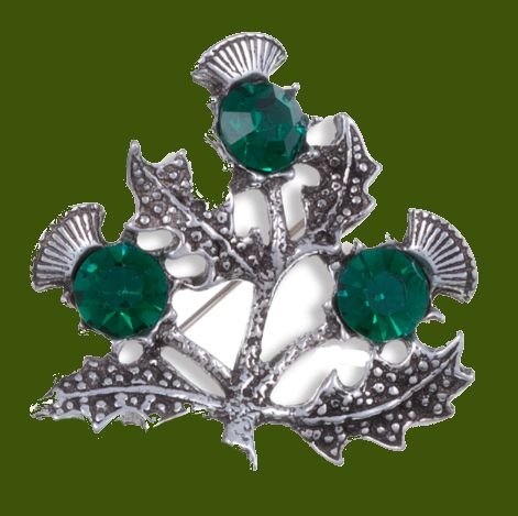 Image 0 of Triple Flower Antiqued Green Glass Stone Thistle Stylish Pewter Brooch