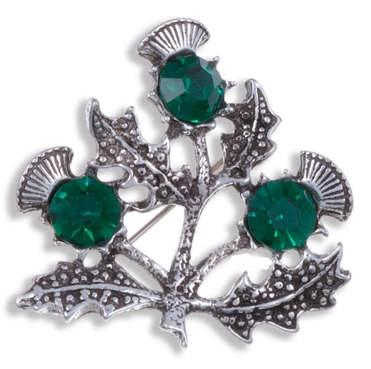 Image 1 of Triple Flower Antiqued Green Glass Stone Thistle Stylish Pewter Brooch