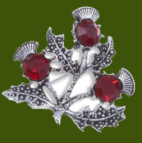 Image 0 of Triple Flower Antiqued Red Glass Stone Thistle Stylish Pewter Brooch