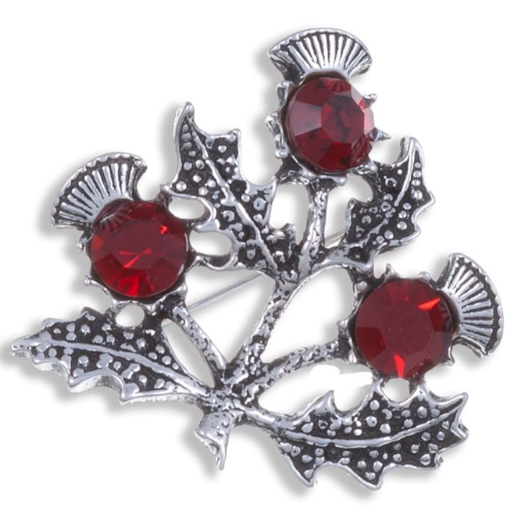 Image 1 of Triple Flower Antiqued Red Glass Stone Thistle Stylish Pewter Brooch