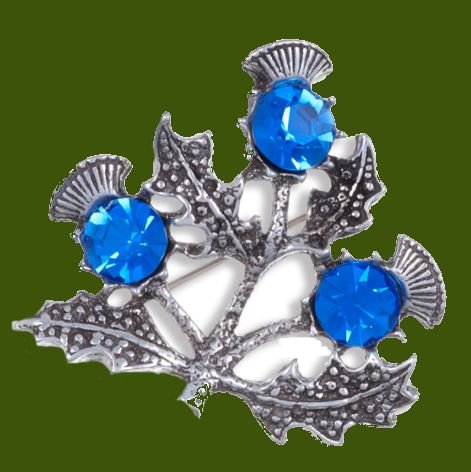 Image 0 of Triple Flower Antiqued Blue Glass Stone Thistle Stylish Pewter Brooch