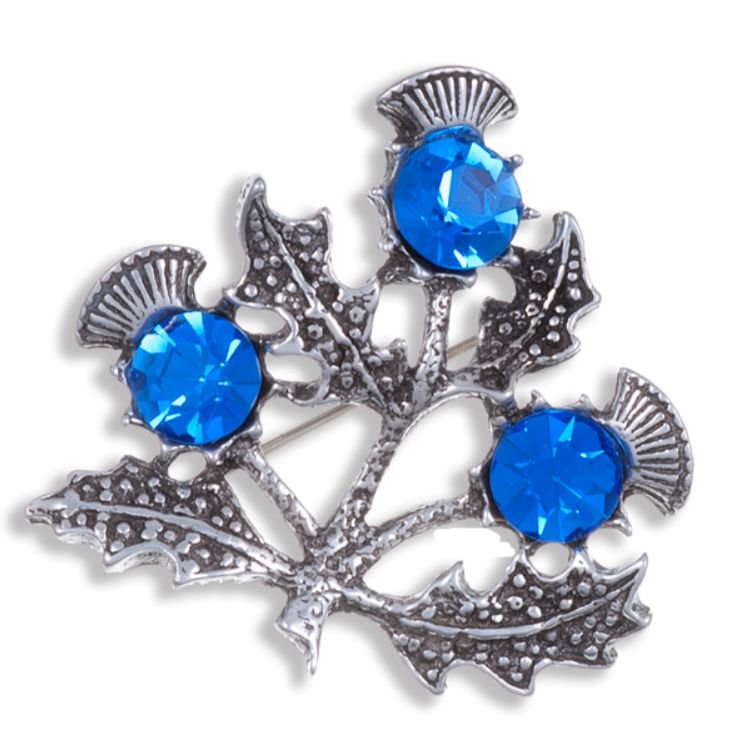 Image 1 of Triple Flower Antiqued Blue Glass Stone Thistle Stylish Pewter Brooch