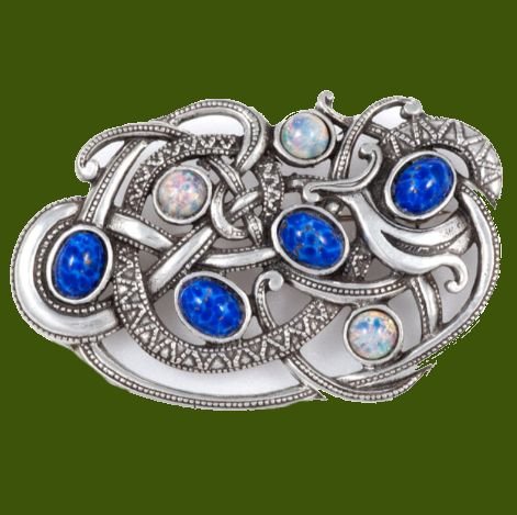 Image 0 of Viking Serpent Large Antiqued Blue Opal Glass Stone Stylish Pewter Brooch