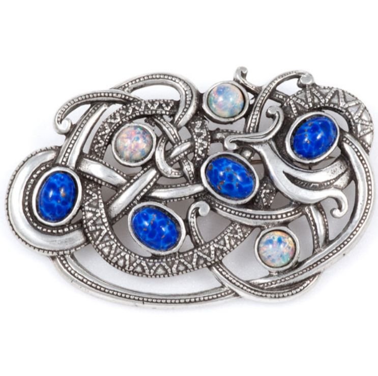 Image 1 of Viking Serpent Large Antiqued Blue Opal Glass Stone Stylish Pewter Brooch