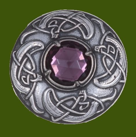 Image 0 of Viking Shield Round Antiqued Purple Glass Stone Stylish Pewter Brooch