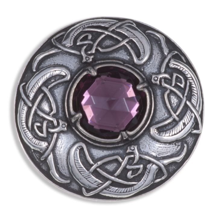 Image 1 of Viking Shield Round Antiqued Purple Glass Stone Stylish Pewter Brooch
