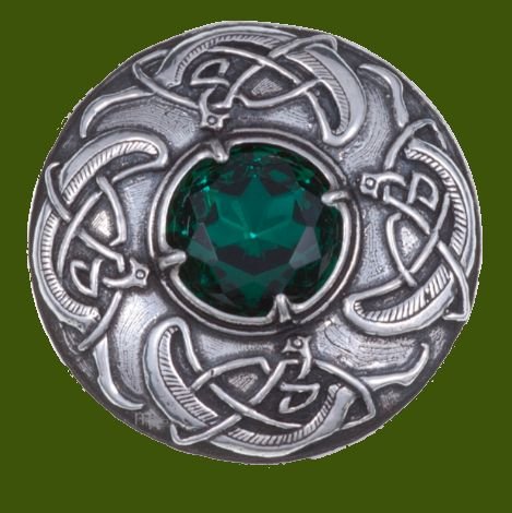 Image 0 of Viking Shield Round Antiqued Green Glass Stone Stylish Pewter Brooch
