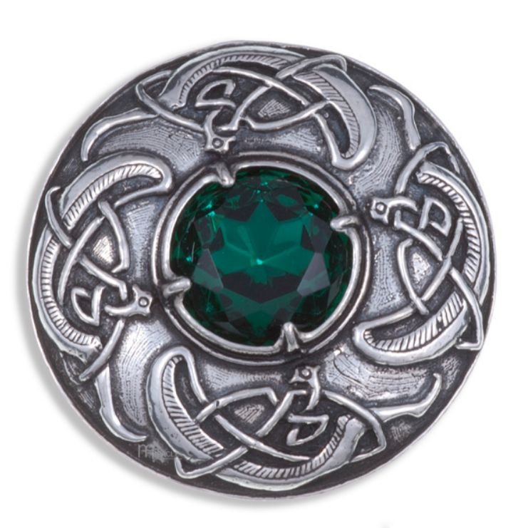 Image 1 of Viking Shield Round Antiqued Green Glass Stone Stylish Pewter Brooch