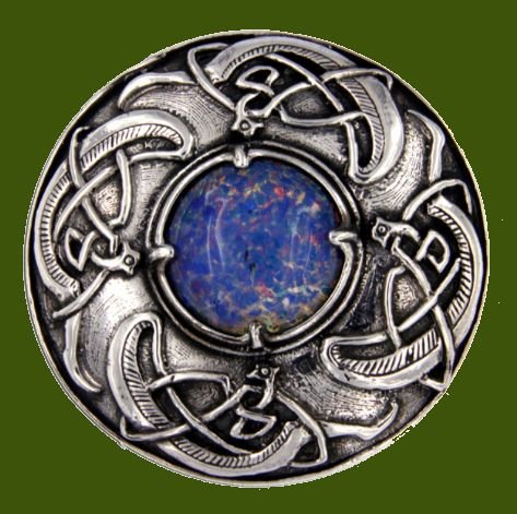 Image 0 of Viking Shield Round Antiqued Opal Glass Stone Stylish Pewter Brooch
