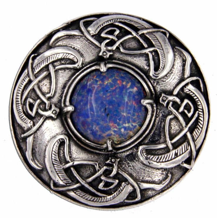 Image 1 of Viking Shield Round Antiqued Opal Glass Stone Stylish Pewter Brooch