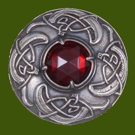 Image 0 of Viking Shield Round Antiqued Red Glass Stone Stylish Pewter Brooch