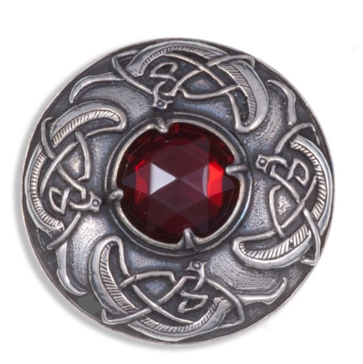 Image 1 of Viking Shield Round Antiqued Red Glass Stone Stylish Pewter Brooch