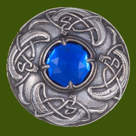 Image 0 of Viking Shield Round Antiqued Blue Glass Stone Stylish Pewter Brooch