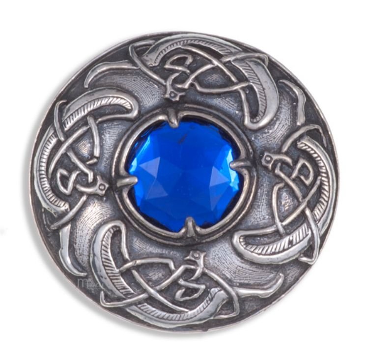 Image 1 of Viking Shield Round Antiqued Blue Glass Stone Stylish Pewter Brooch