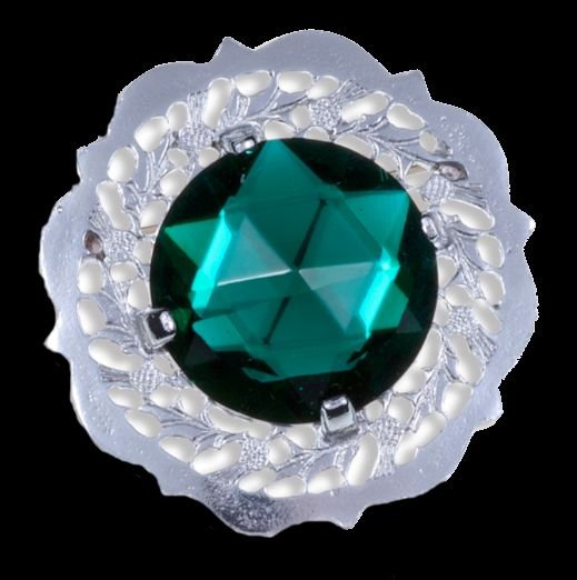 Image 0 of Thistle Flower Round Large Green Glass Stone Chrome Plated Brooch