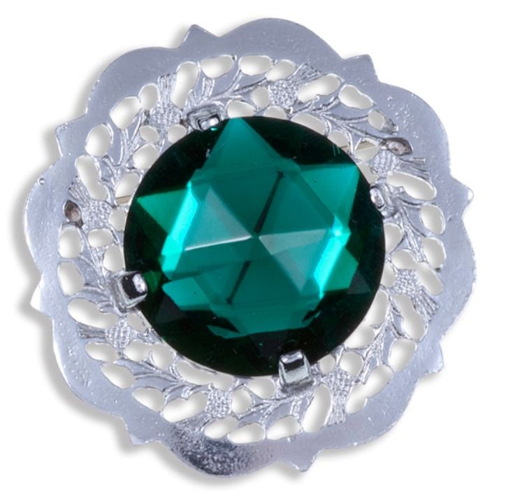 Image 1 of Thistle Flower Round Large Green Glass Stone Chrome Plated Brooch
