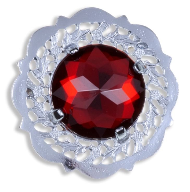 Image 1 of Thistle Flower Round Large Red Glass Stone Chrome Plated Brooch