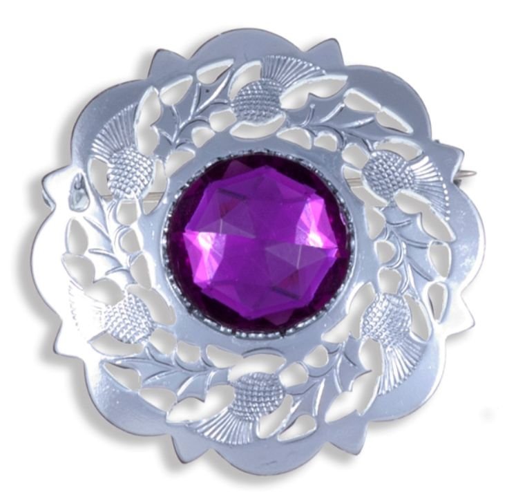 Image 1 of Thistle Flower Decorative Purple Glass Stone Chrome Plated Brooch
