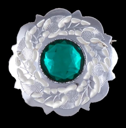 Image 0 of Thistle Flower Decorative Green Glass Stone Chrome Plated Brooch