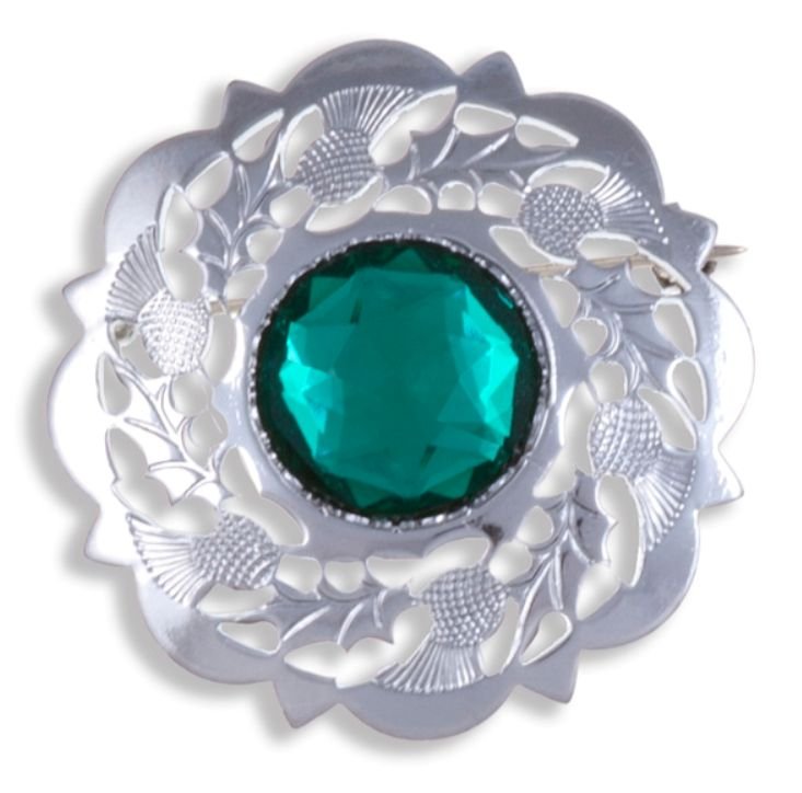 Image 1 of Thistle Flower Decorative Green Glass Stone Chrome Plated Brooch