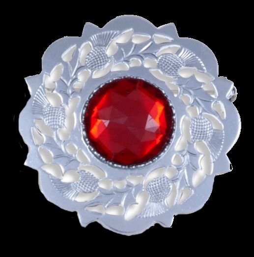 Image 0 of Thistle Flower Decorative Red Glass Stone Chrome Plated Brooch