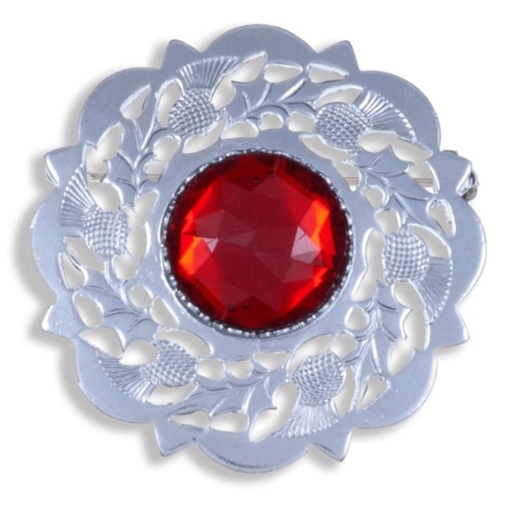 Image 1 of Thistle Flower Decorative Red Glass Stone Chrome Plated Brooch