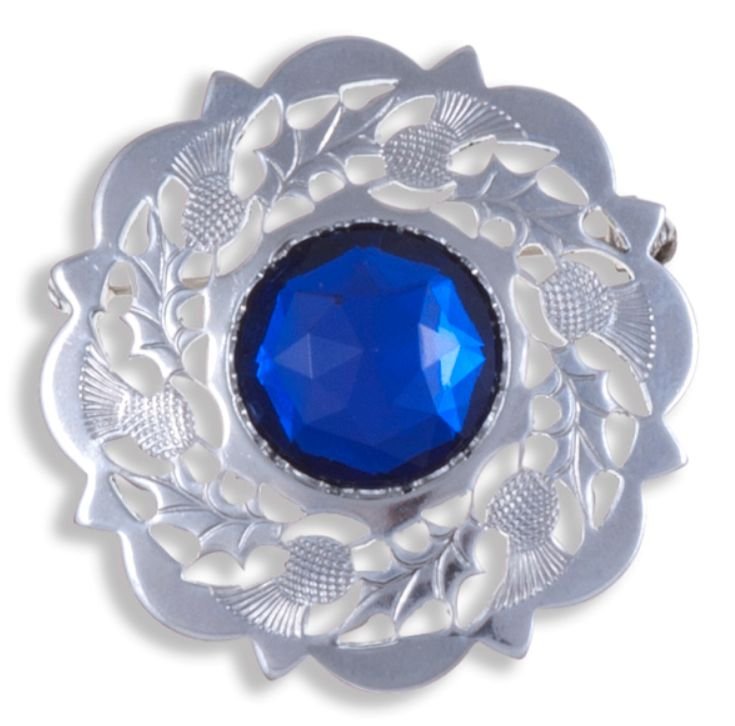 Image 1 of Thistle Flower Decorative Blue Glass Stone Chrome Plated Brooch