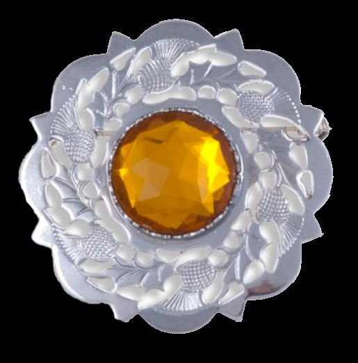 Image 0 of Thistle Flower Decorative Orange Glass Stone Chrome Plated Brooch