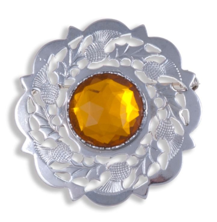 Image 1 of Thistle Flower Decorative Orange Glass Stone Chrome Plated Brooch