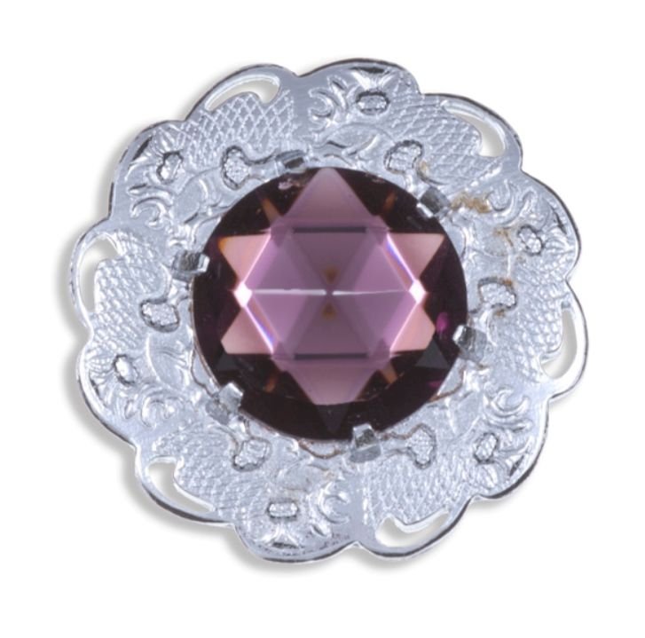 Image 1 of Thistle Flower Embellished Purple Glass Stone Chrome Plated Brooch