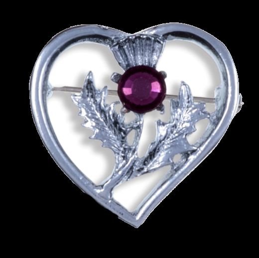 Image 0 of Thistle Flower Heart Purple Glass Stone Chrome Plated Brooch