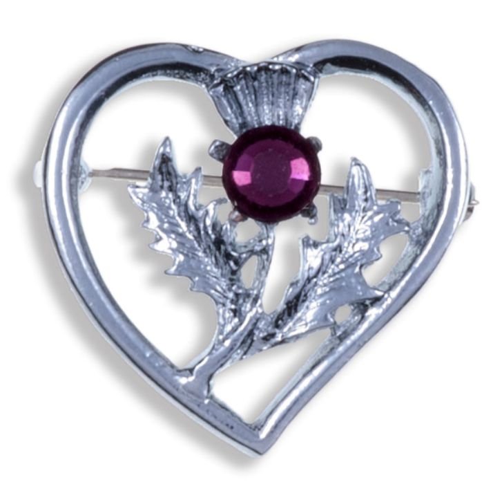 Image 1 of Thistle Flower Heart Purple Glass Stone Chrome Plated Brooch