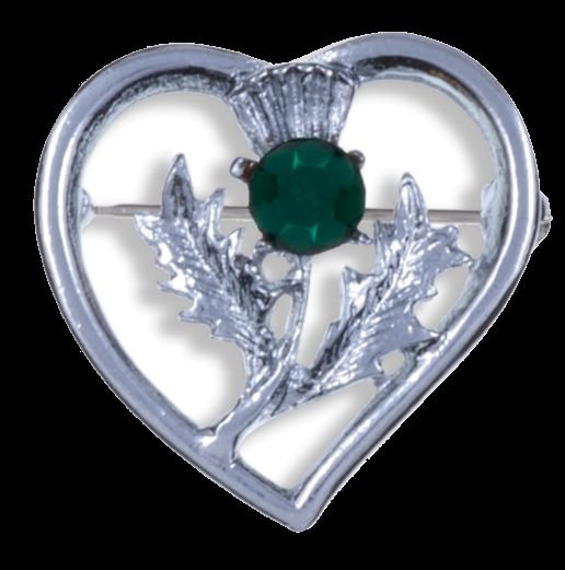 Image 0 of Thistle Flower Heart Green Glass Stone Chrome Plated Brooch
