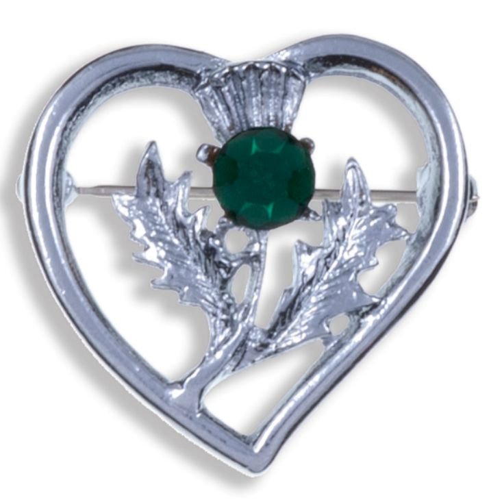 Image 1 of Thistle Flower Heart Green Glass Stone Chrome Plated Brooch