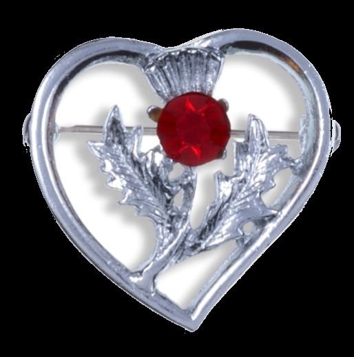 Image 0 of Thistle Flower Heart Red Glass Stone Chrome Plated Brooch
