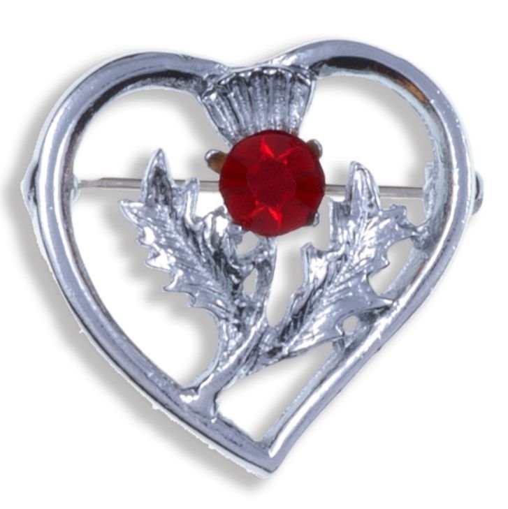 Image 1 of Thistle Flower Heart Red Glass Stone Chrome Plated Brooch