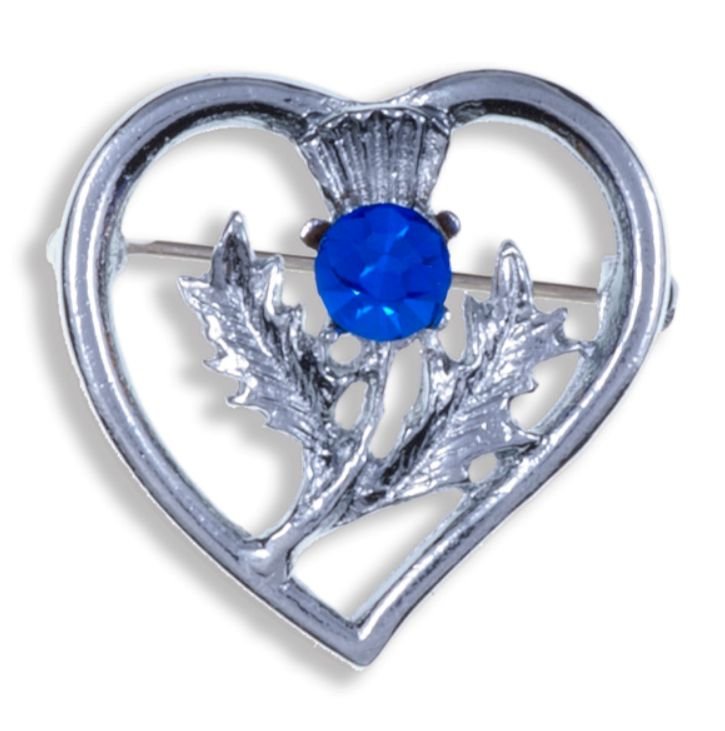 Image 1 of Thistle Flower Heart Blue Glass Stone Chrome Plated Brooch