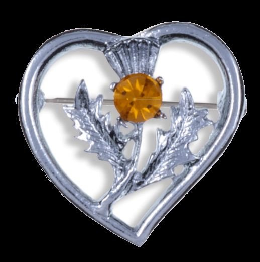 Image 0 of Thistle Flower Heart Orange Glass Stone Chrome Plated Brooch