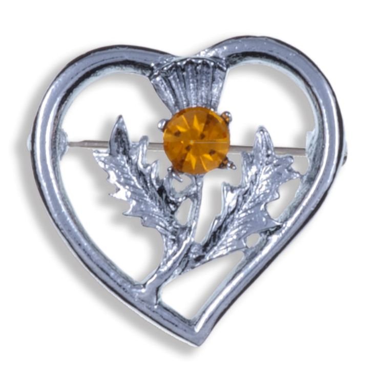 Image 1 of Thistle Flower Heart Orange Glass Stone Chrome Plated Brooch