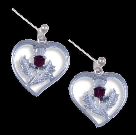 Image 0 of Thistle Flower Heart Purple Glass Stone Sheppard Hook Chrome Plated Earrings