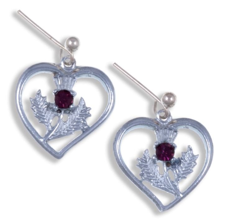 Image 1 of Thistle Flower Heart Purple Glass Stone Sheppard Hook Chrome Plated Earrings
