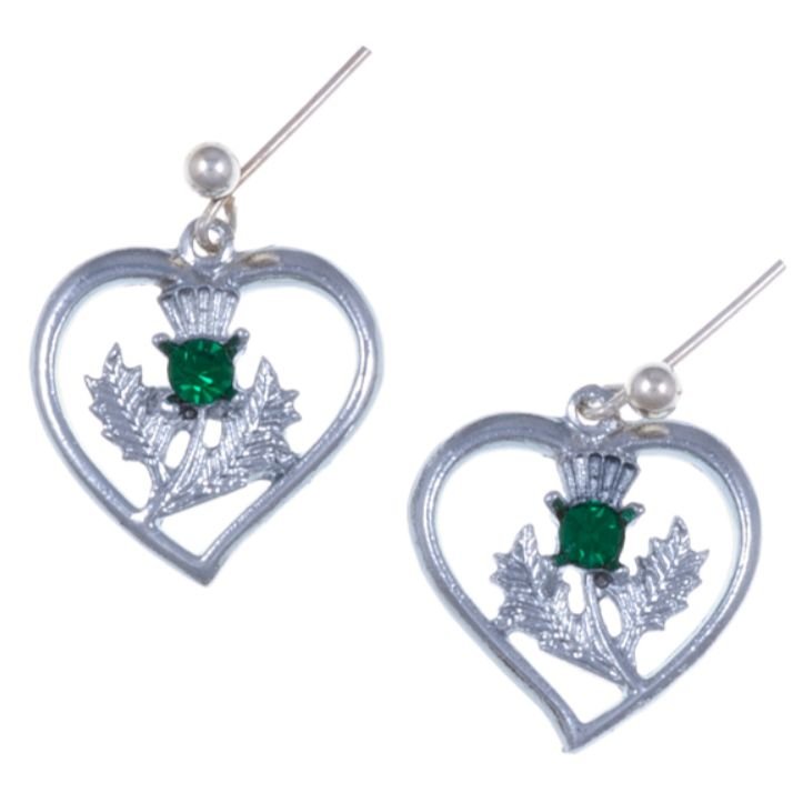 Image 1 of Thistle Flower Heart Green Glass Stone Sheppard Hook Chrome Plated Earrings
