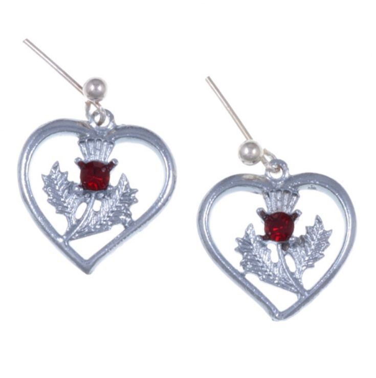 Image 1 of Thistle Flower Heart Red Glass Stone Sheppard Hook Chrome Plated Earrings