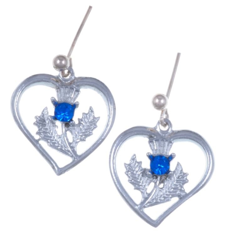 Image 1 of Thistle Flower Heart Blue Glass Stone Sheppard Hook Chrome Plated Earrings