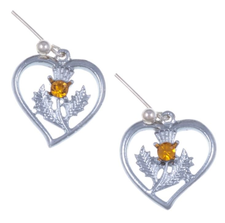Image 1 of Thistle Flower Heart Orange Glass Stone Sheppard Hook Chrome Plated Earrings