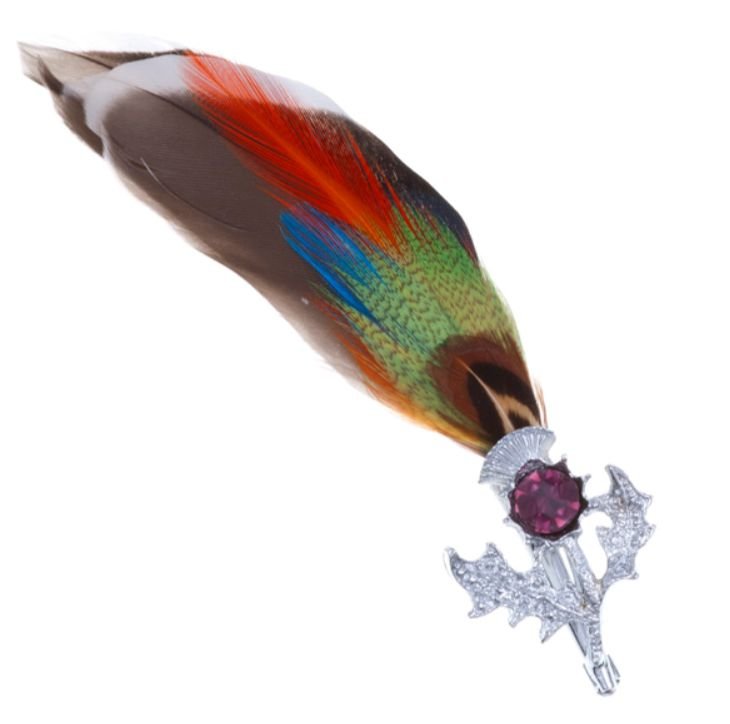 Image 1 of Mallard Feather Plume Thistle Flower Purple Glass Stone Chrome Plated Brooch