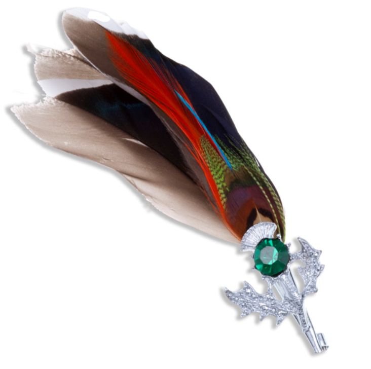 Image 1 of Mallard Feather Plume Thistle Flower Green Glass Stone Chrome Plated Brooch